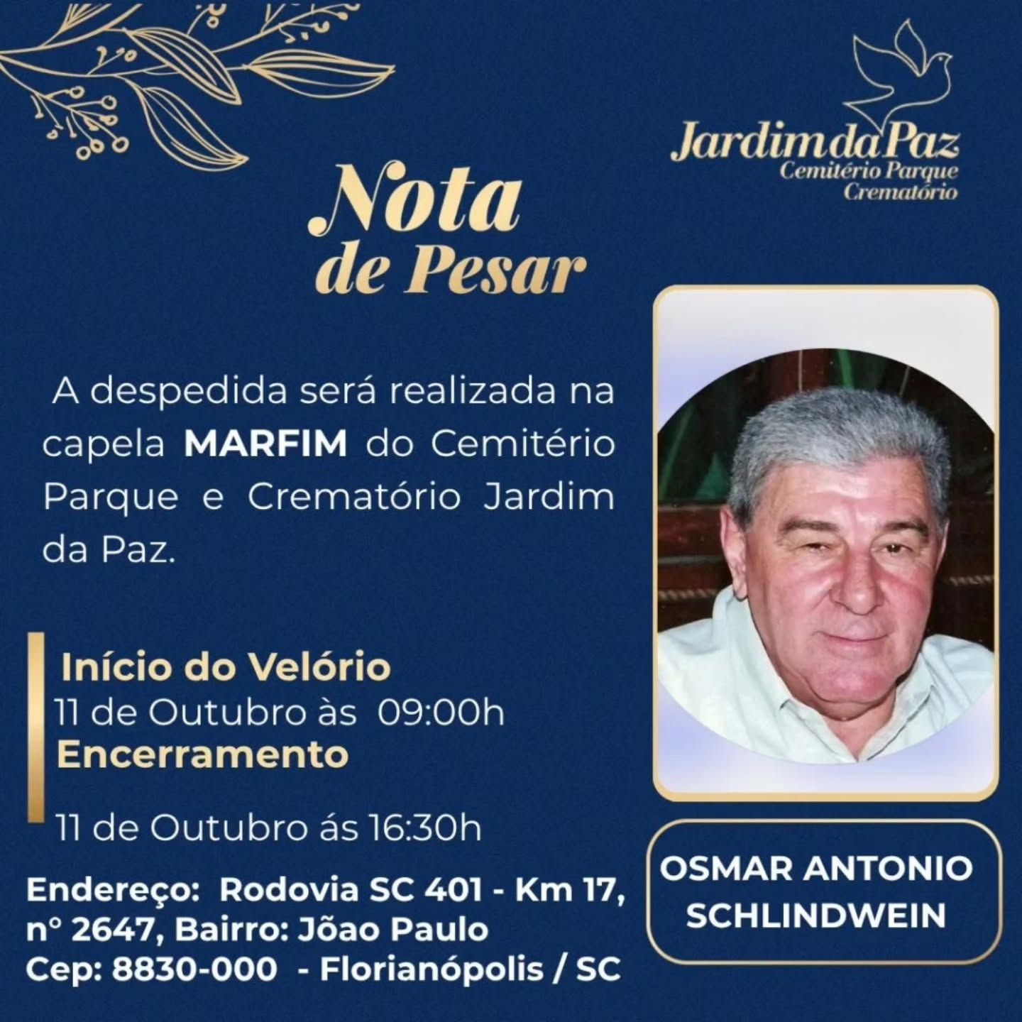 Faleceu hoje, aos 84 anos, Osmar Antônio Schlindwein, ex-diretor financeiro do Avaí em 1979 e diretor de futebol em 1980. 

Osmar foi jornalista, trabalhanado em órgãos como O Estado, Jornal de Santa Catarina, Imprensa Oficial do Estado, Notícias do Dia, entre outros.

Nossos pêsames aos familiares e amigos.

#avai #rip