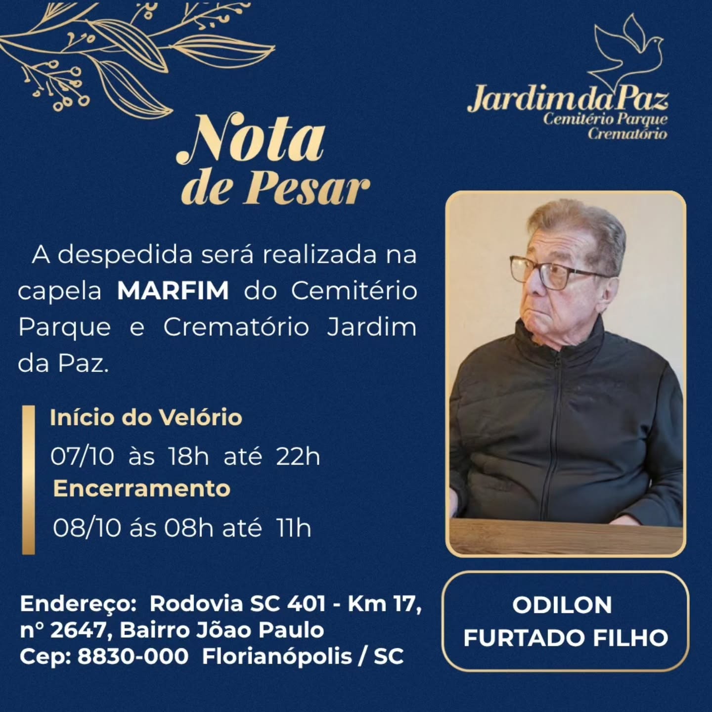 Faleceu em Florianópolis, aos 80 anos, Odilon Furtado Filho, vice-presidente de futebol do Avaí em 1978 e diretor de Patrimônio e Manutenção do clube entre 2006 e 2021. 

Pelos serviços prestados ao clube, Odilon recebeu a Medalha Saul Oliveira, em 2022.

Era formado em engenheira civil e foi diretor da Secretaria de Urbanismo e Serviços Públicos de Florianópolis.

Nossos pêsames aos familiares e amigos.

#avai #rip